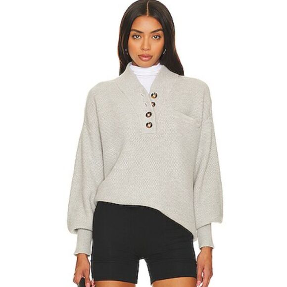 LUNY Cozy Cotton Silk Gray Sweater Knit Henley Size M - Picture 1 of 4